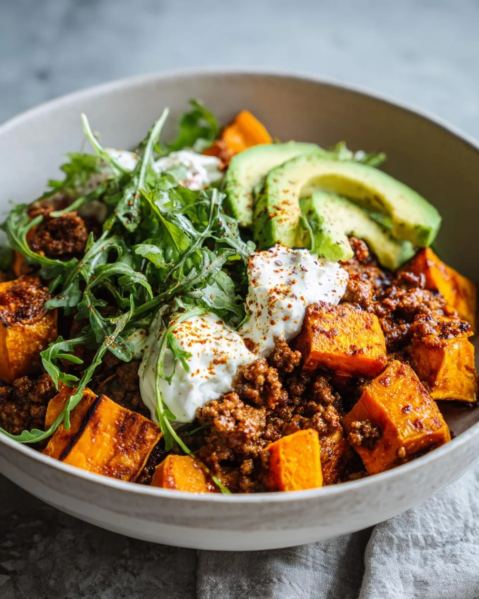 Bol de patates douces, bœuf haché, fromage cottage et avocat - detail 1