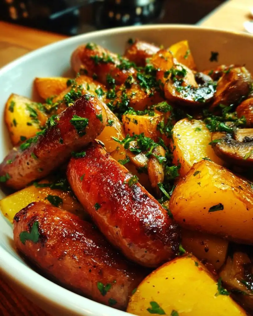 Saucisses, Champignons et Pommes de Terre au Four