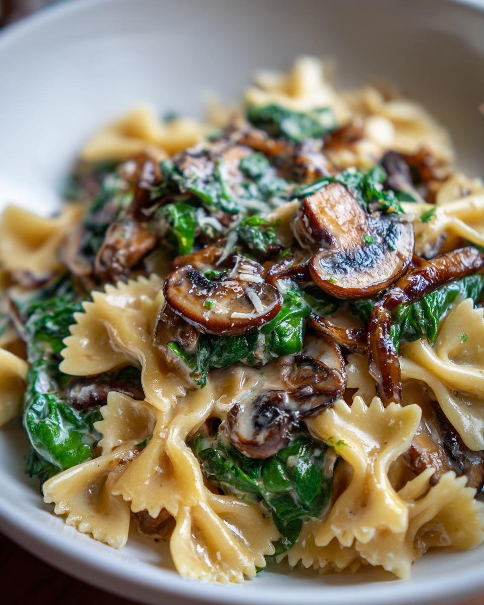 Farfalle Pasta with Spinach, Mushrooms, and Caramelized Onions - detail 1