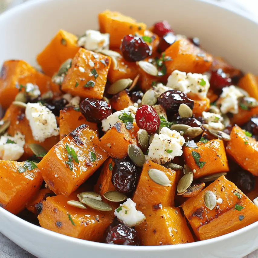 Courge musquée rôtie au miel avec canneberges, feta et graines de citrouille