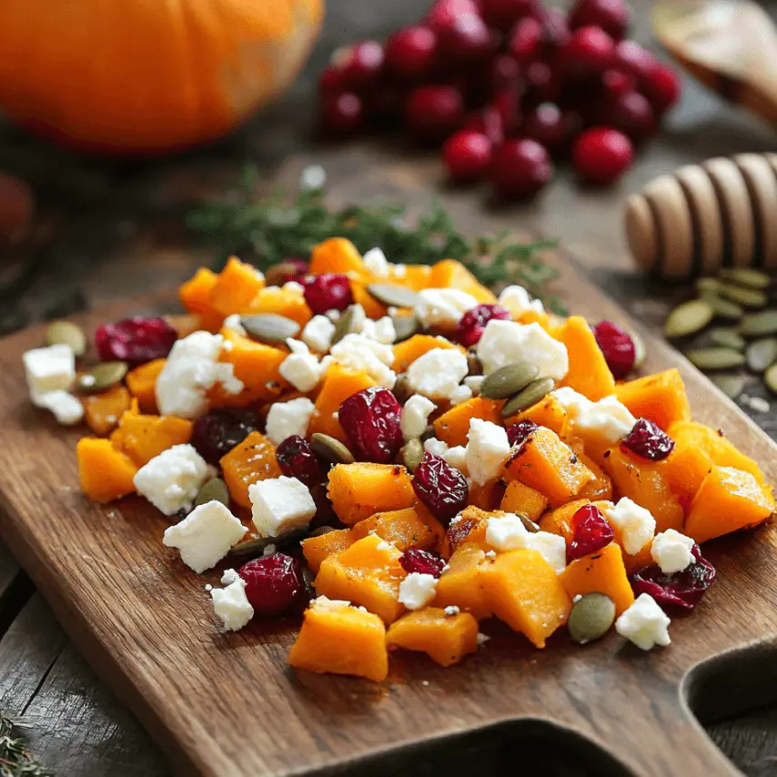 Courge musquée rôtie au miel avec canneberges, feta et graines de citrouille