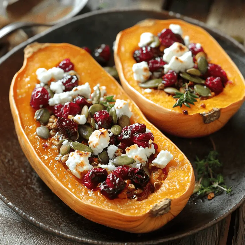 Courge musquée rôtie au miel avec canneberges, feta et graines de citrouille