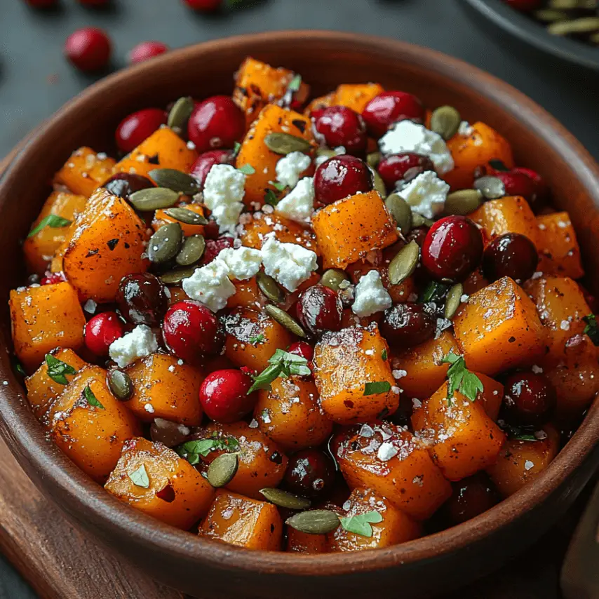 Courge musquée rôtie au miel avec canneberges, feta et graines de citrouille