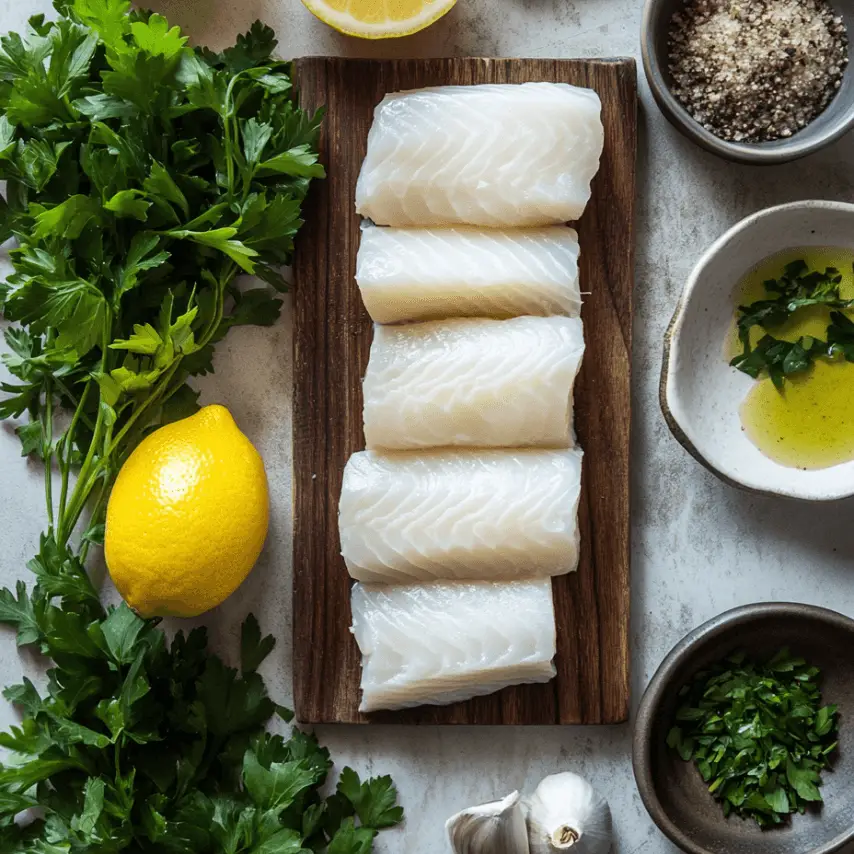 Filets de cabillaud au citron et persil, fraîchement préparés