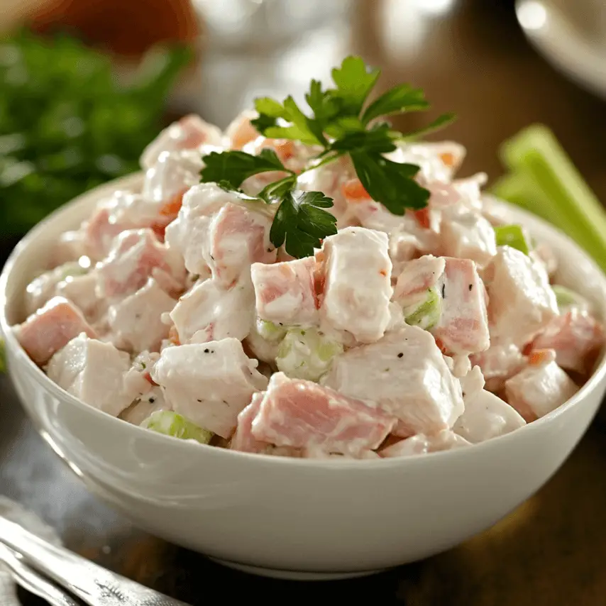 Salade de poulet crémeuse avec jambon de dinde et accompagnements frais