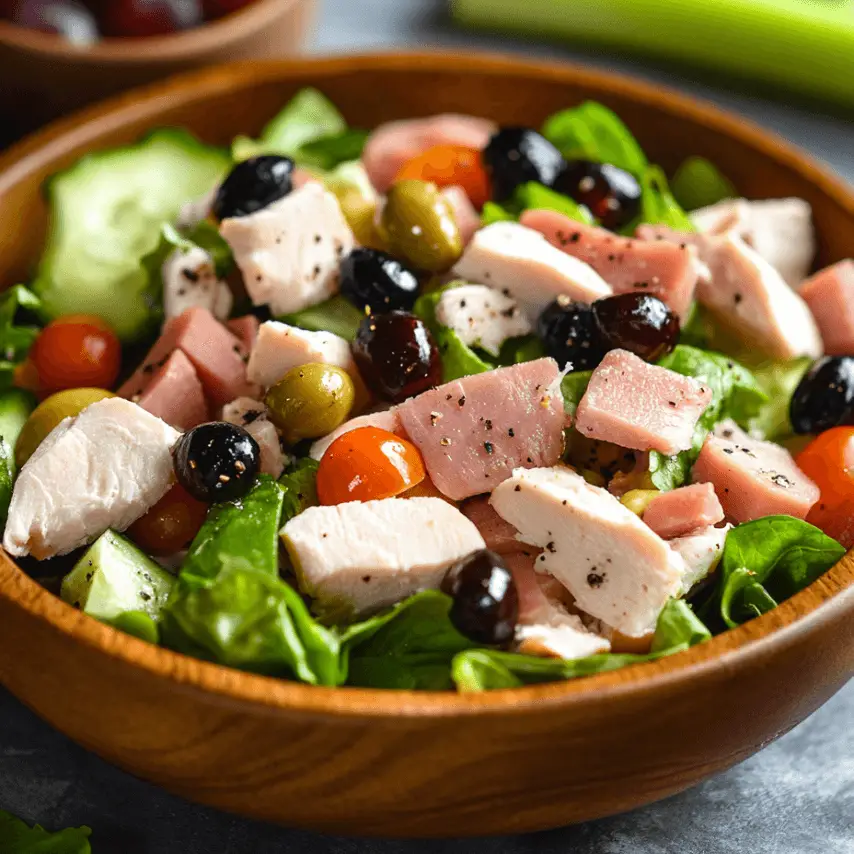 Salade de poulet crémeuse avec jambon de dinde et accompagnements frais