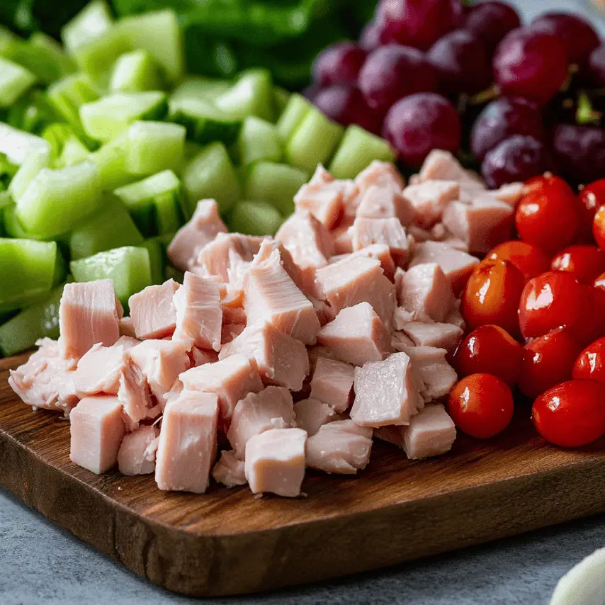 Salade de poulet crémeuse avec jambon de dinde et accompagnements frais