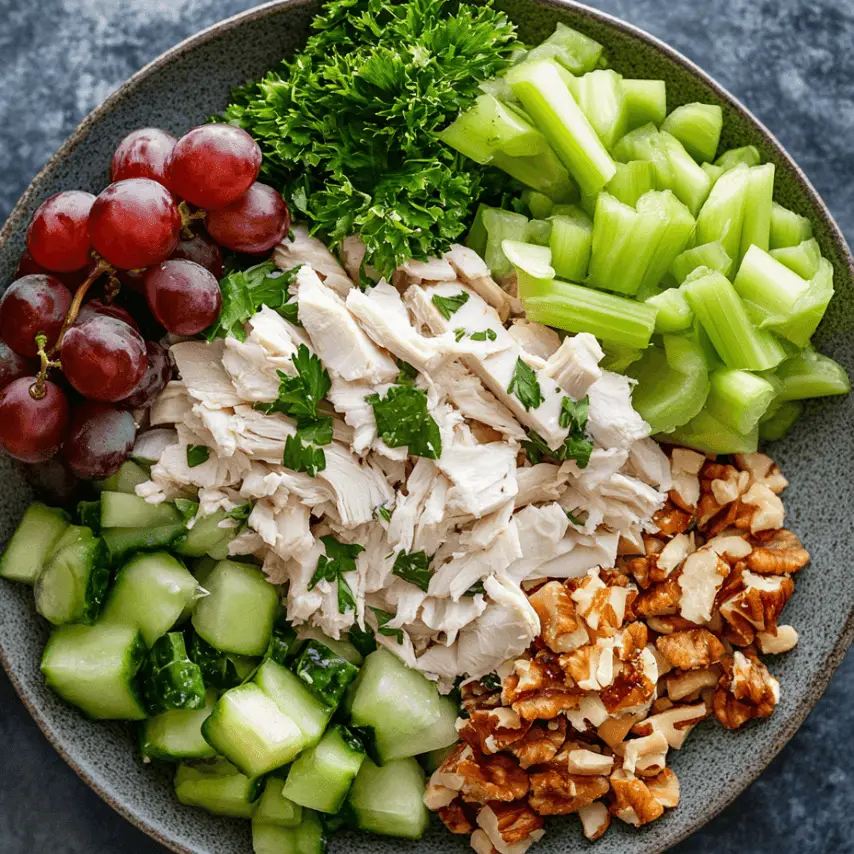 Salade de poulet crémeuse avec jambon de dinde et accompagnements frais