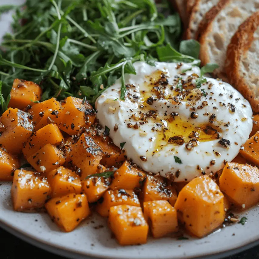 Pâtes crémeuses à la butternut avec lardons de bœuf et burrata