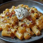 Pâtes crémeuses à la butternut avec lardons de bœuf et burrata