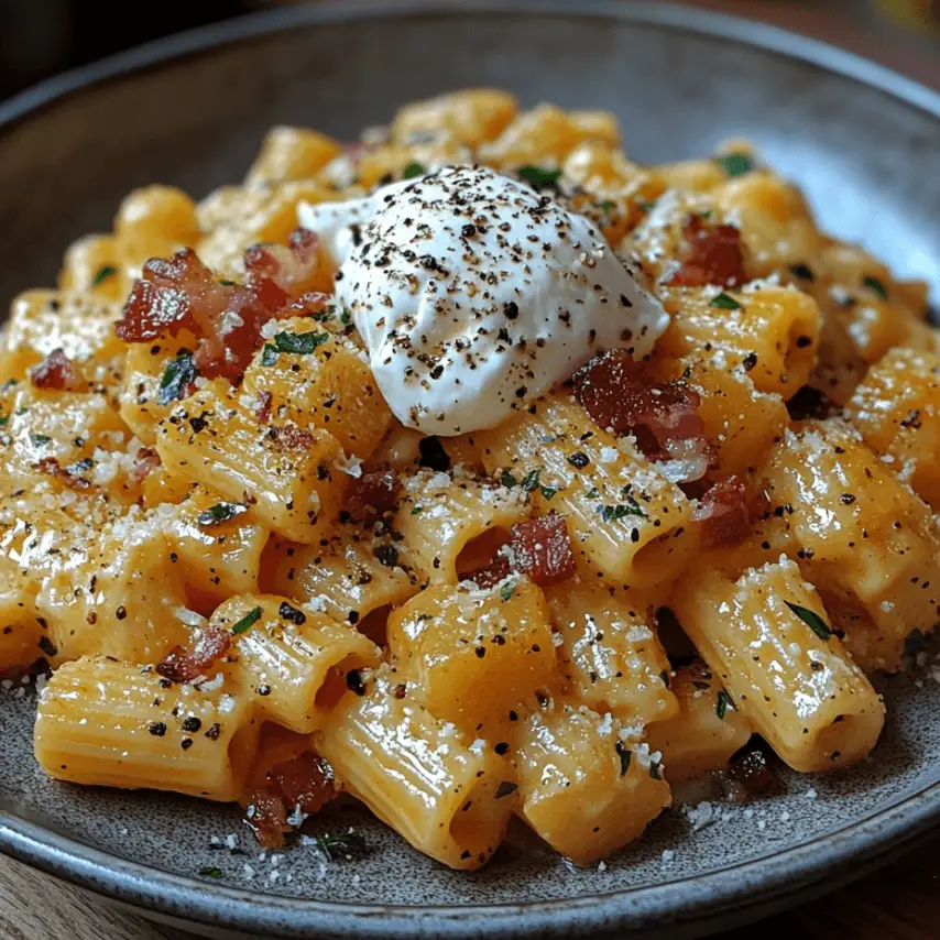 Pâtes crémeuses à la butternut avec lardons de bœuf et burrata