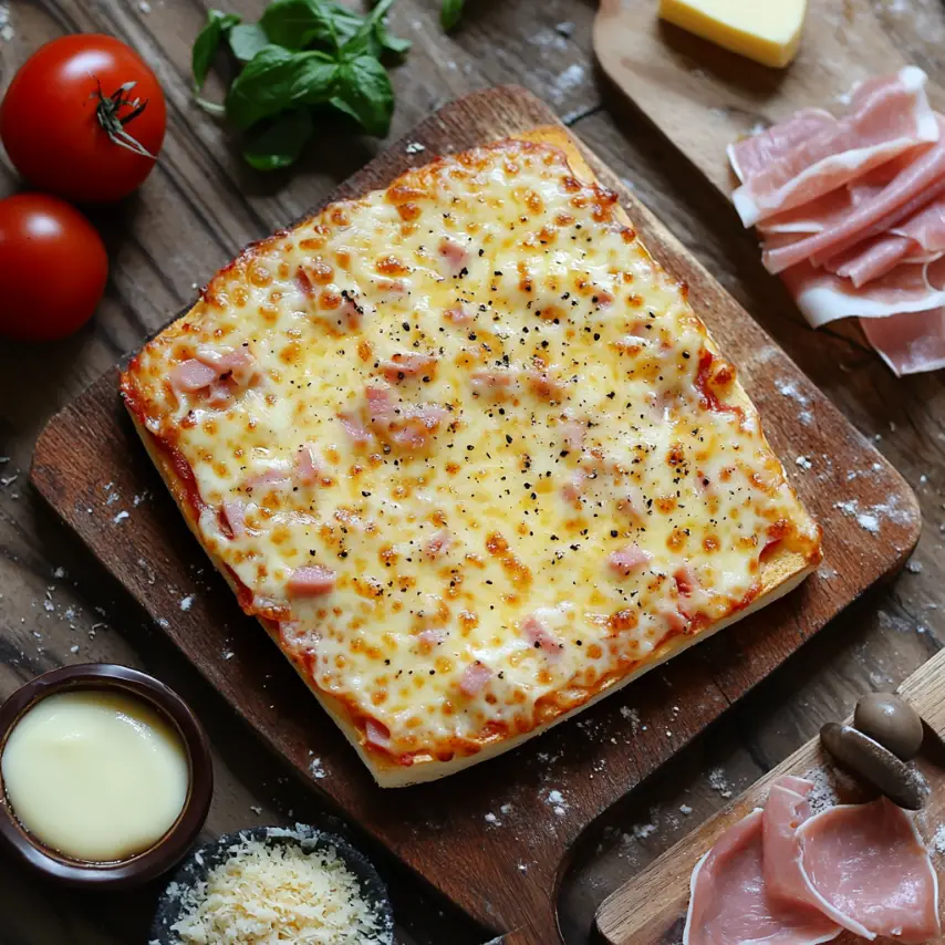 Pizza croque monsieur croustillante garnie de fromage