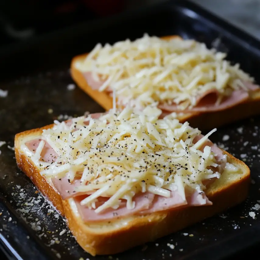 Pizza croque monsieur croustillante garnie de fromage
