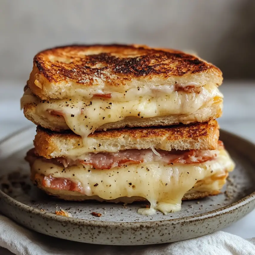 Pizza croque monsieur croustillante garnie de fromage