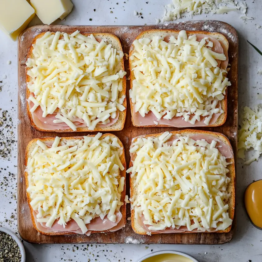Pizza croque monsieur croustillante garnie de fromage