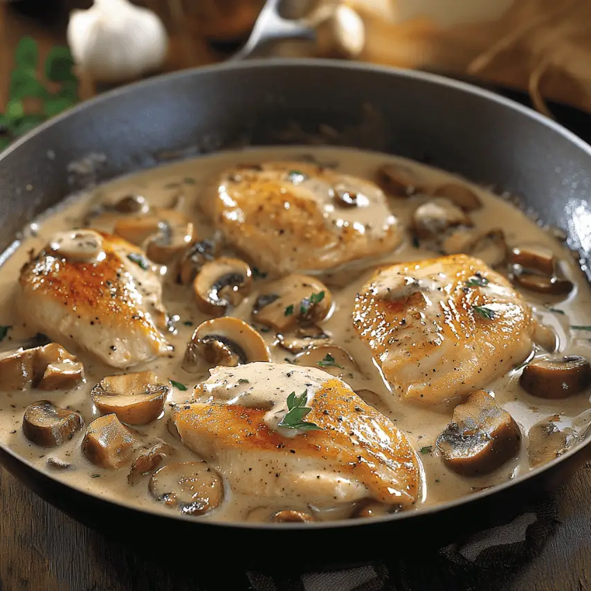 Poulet crémeux aux champignons servi avec des herbes fraîches
