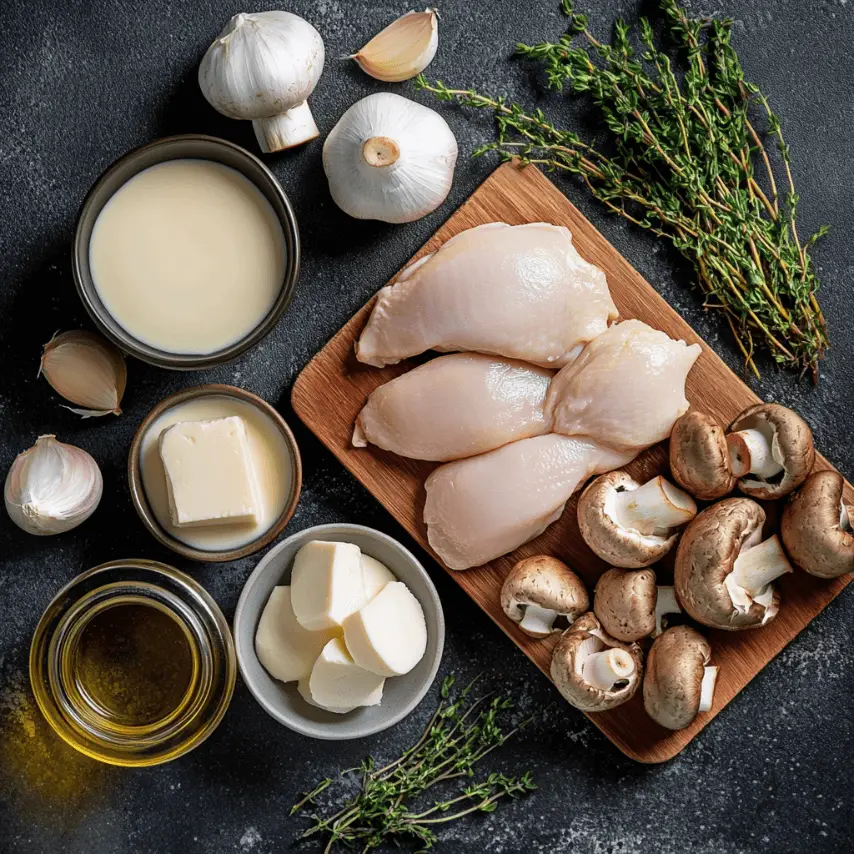 Poulet crémeux aux champignons servi avec des herbes fraîches