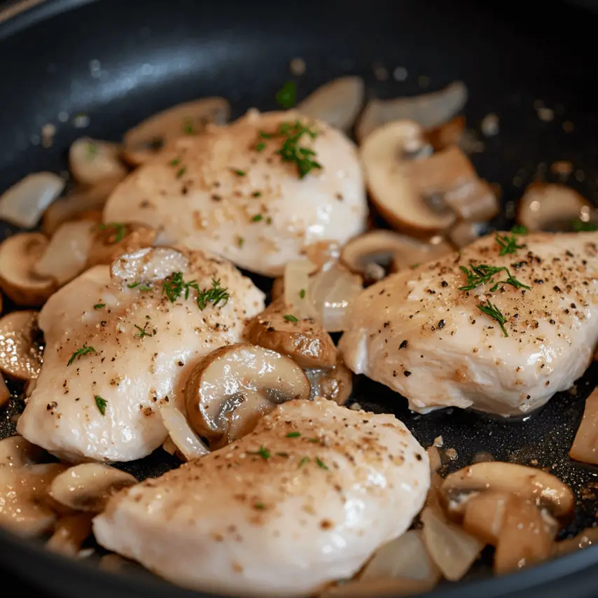 Poulet crémeux aux champignons servi avec des herbes fraîches