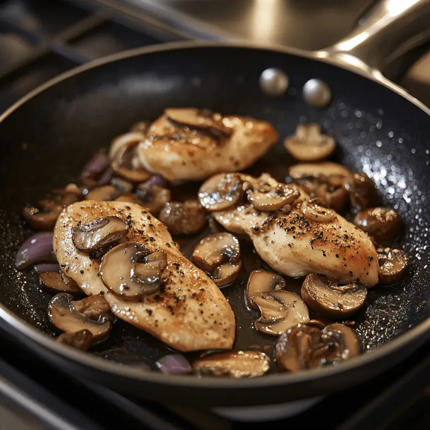 Poulet crémeux aux champignons servi avec des herbes fraîches