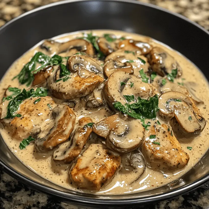 Poulet crémeux aux champignons servi avec des herbes fraîches