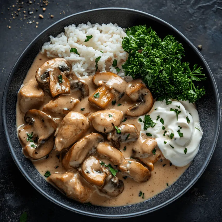 Poulet crémeux aux champignons servi avec des herbes fraîches