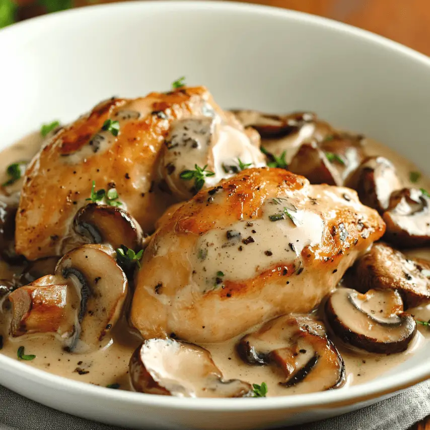 Poulet crémeux aux champignons servi avec des herbes fraîches