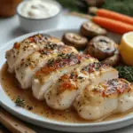 Poulet crémeux aux champignons servi avec des herbes fraîches