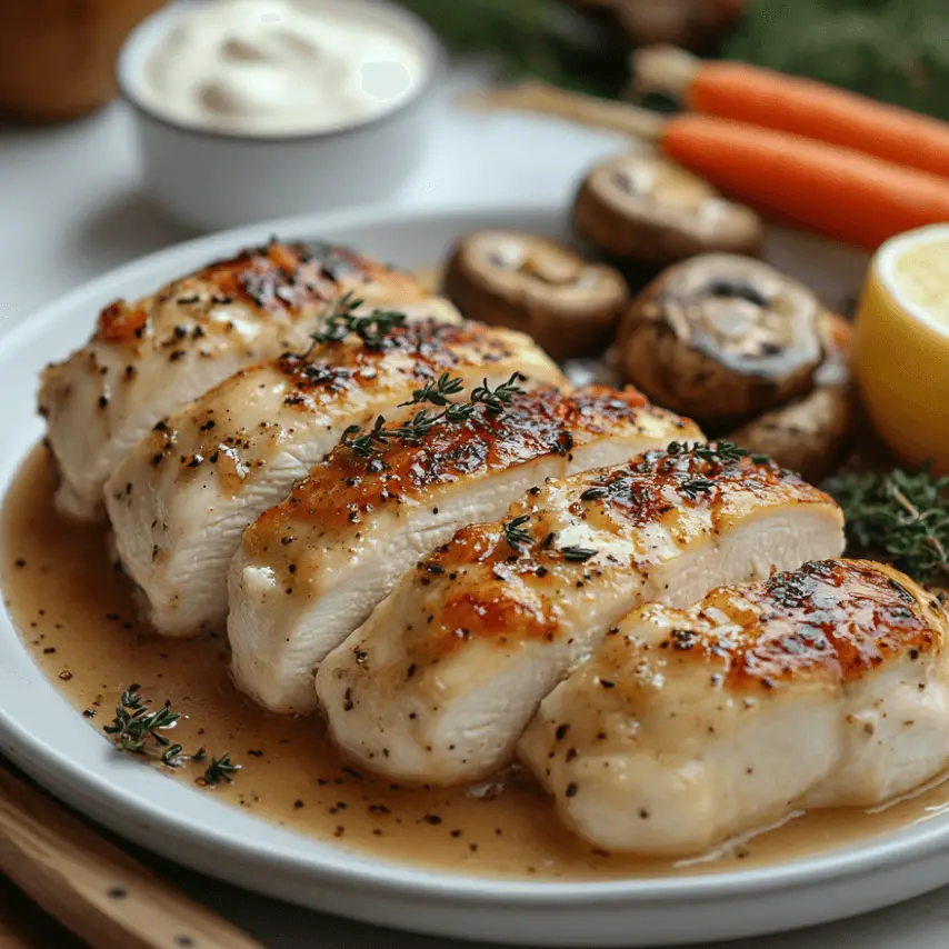 Poulet crémeux aux champignons servi avec des herbes fraîches