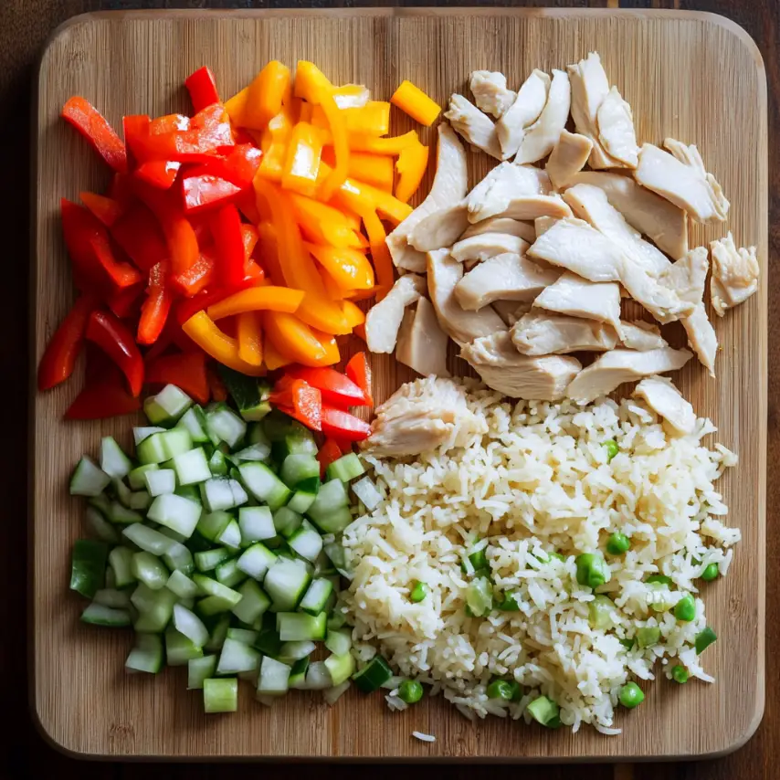 Riz frit au poulet avec légumes croquants