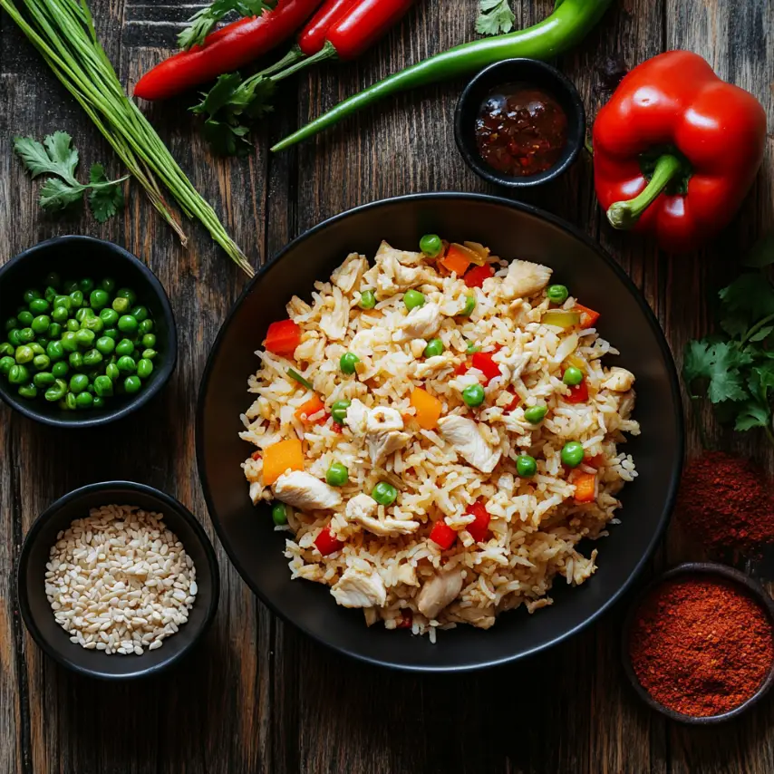 Riz frit au poulet avec légumes croquants