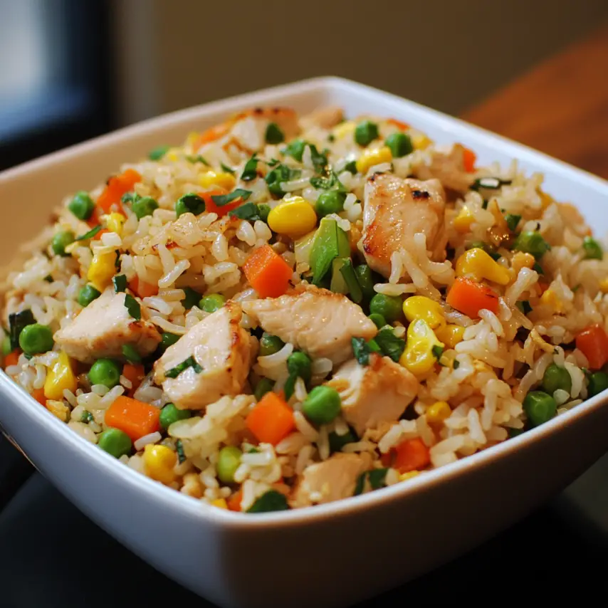 Riz frit au poulet avec légumes croquants