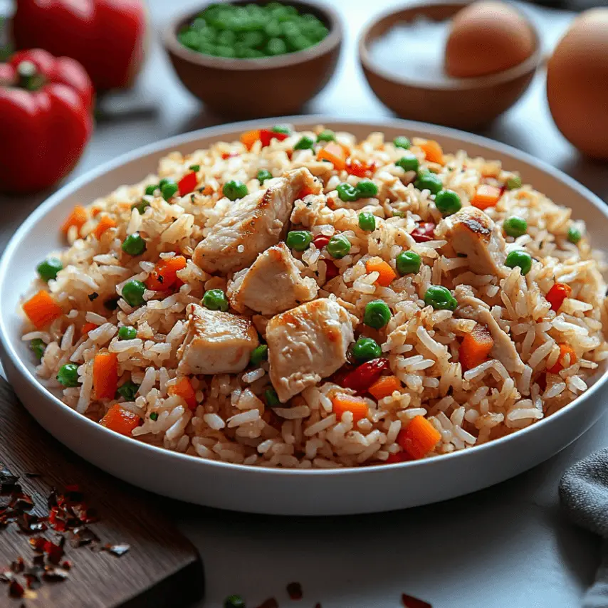 Riz frit au poulet avec légumes croquants et saveurs riches