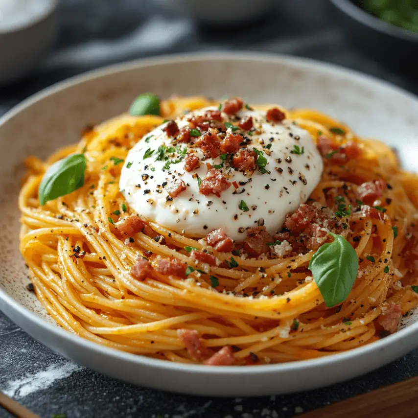 Spaghettis Butternut Burrata avec Lardons de Bœuf