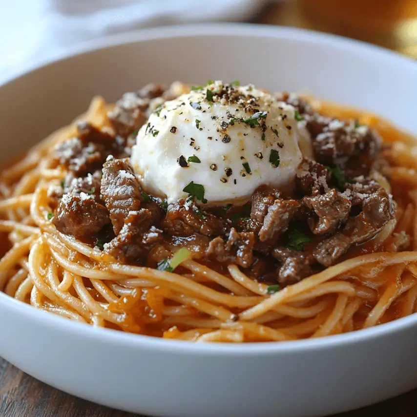 Spaghettis Butternut Burrata avec Lardons de Bœuf