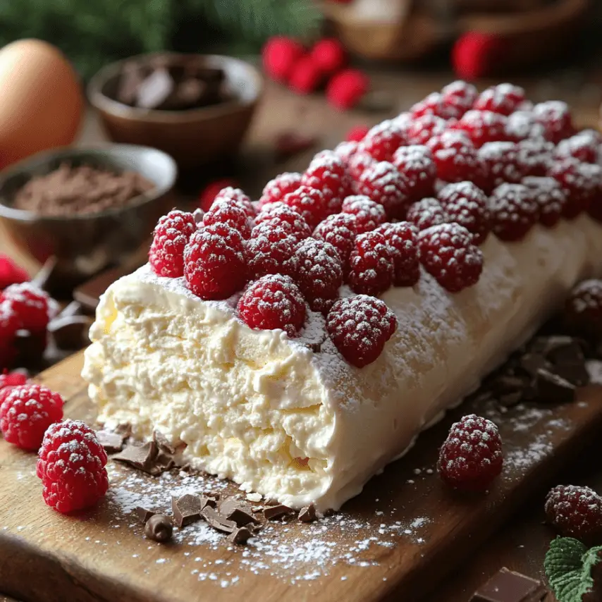 Bûche Chocolat Blanc, Framboise et Praliné Croustillant