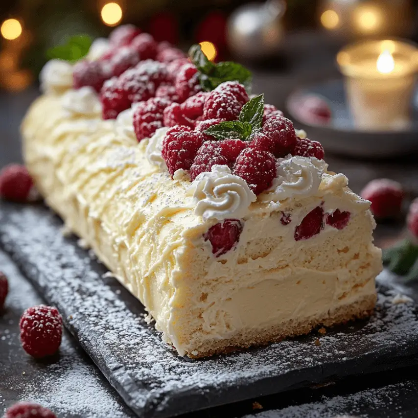 Bûche Chocolat Blanc, Framboise et Praliné Croustillant