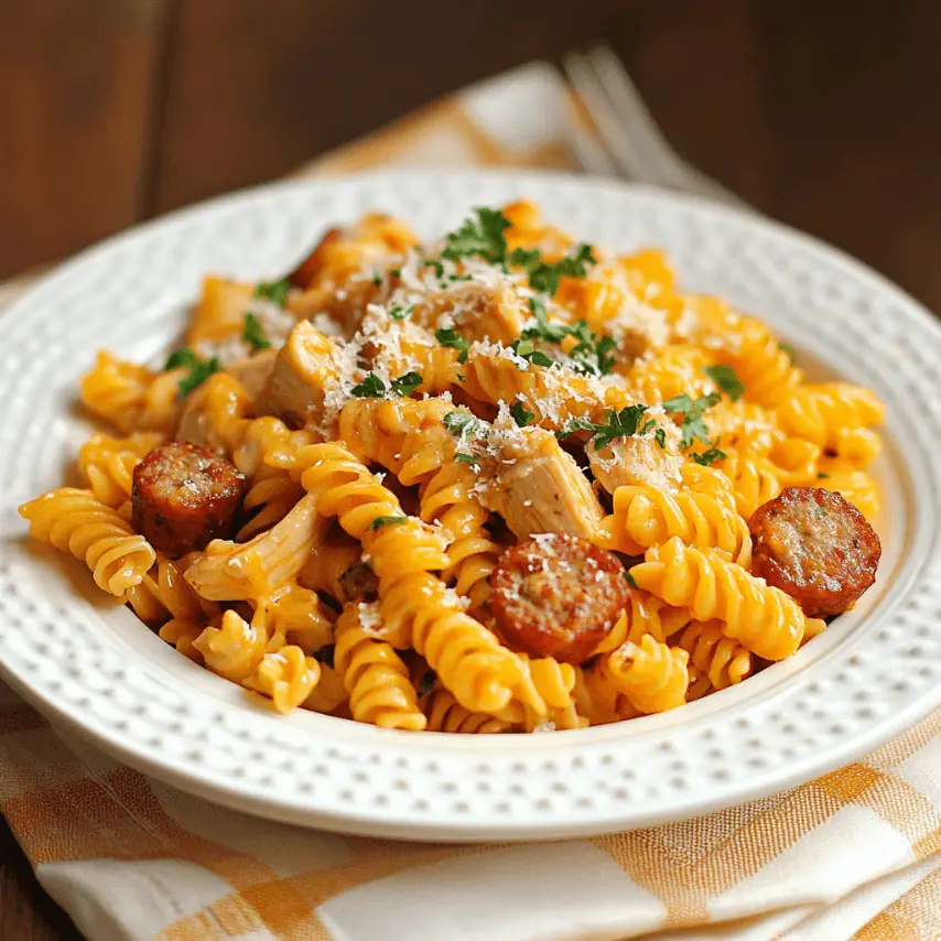 Pâtes Rotini au Poulet, Saucisse et Cheddar Fondantes