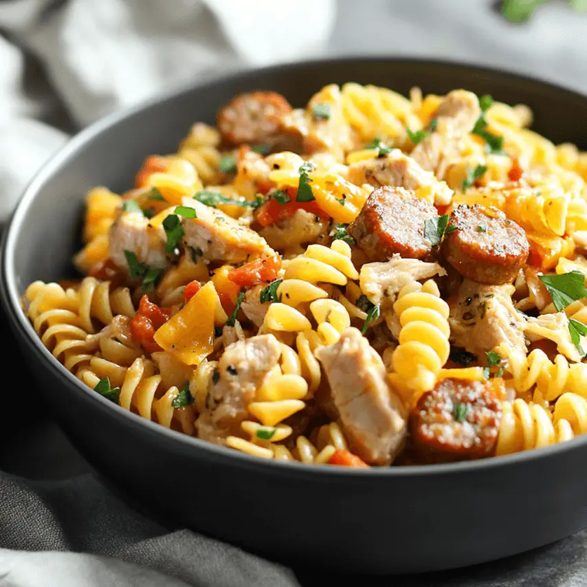 Pâtes Rotini au Poulet, Saucisse et Cheddar Fondantes