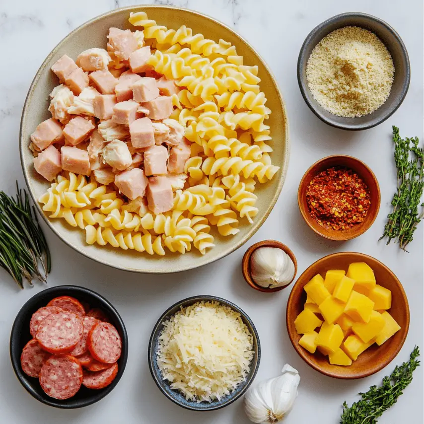 Pâtes Rotini au Poulet, Saucisse et Cheddar Fondantes