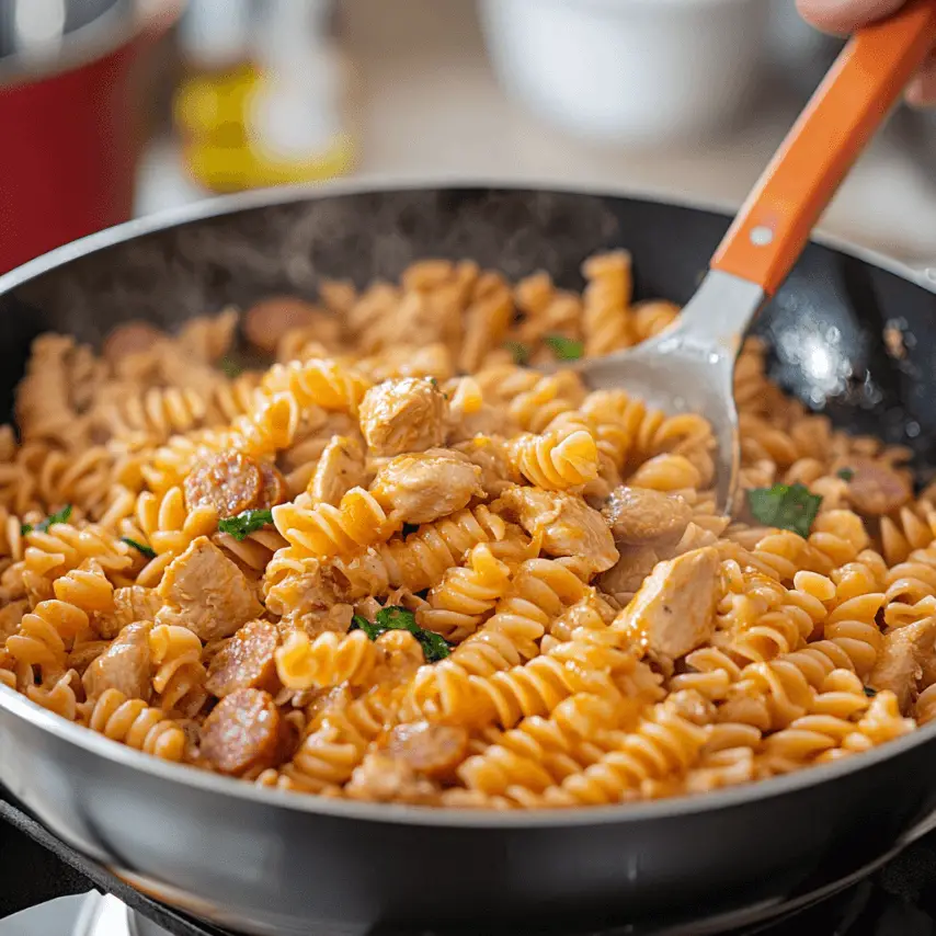 Pâtes Rotini au Poulet, Saucisse et Cheddar Fondantes