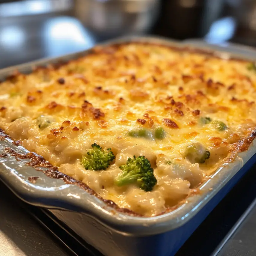 Casserole de brocoli, riz, fromage et poulet gratinée au four