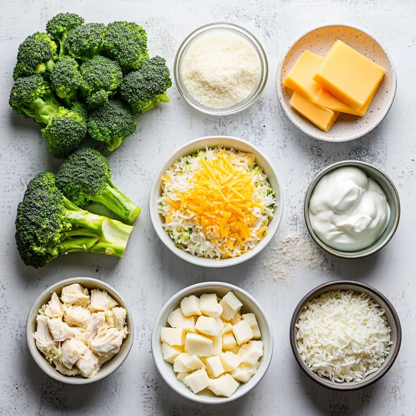 Casserole de brocoli, riz, fromage et poulet gratinée au four