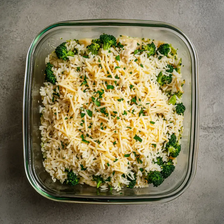 Casserole de brocoli, riz, fromage et poulet gratinée au four