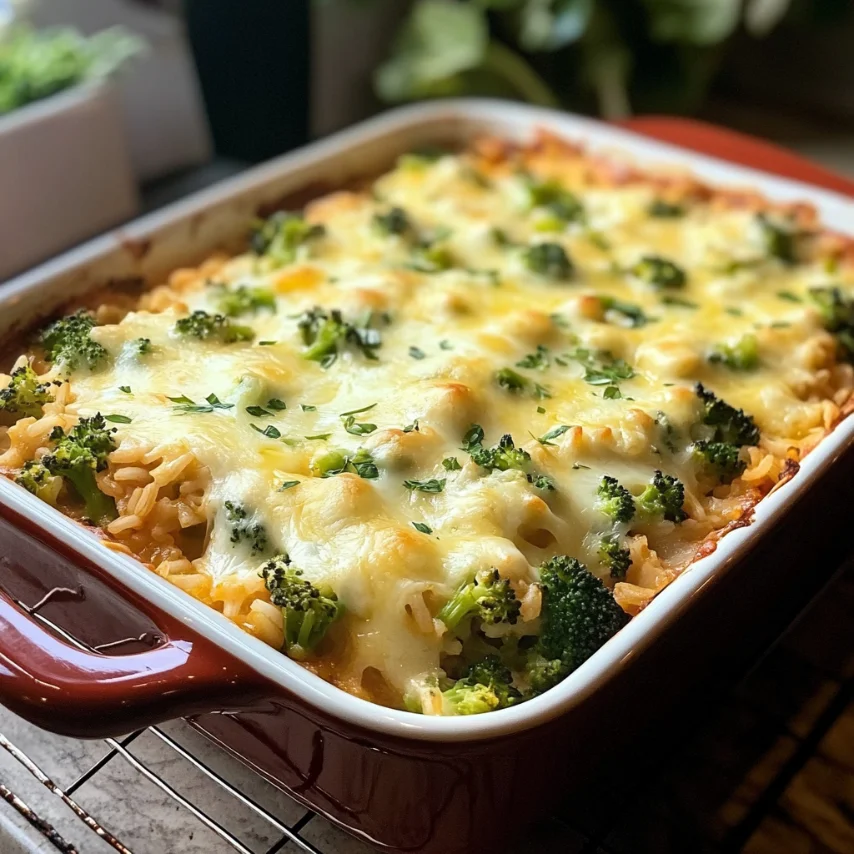Casserole de brocoli, riz, fromage et poulet gratinée au four