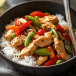 Poulet sauté aux légumes croquants et riz blanc vapeur