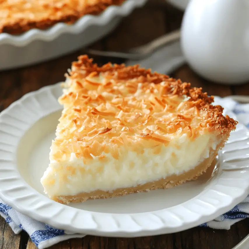 Tarte à la noix de coco sans croûte, dorée et fondante, servie en parts sur une assiette blanche, avec un soupçon de sucre glace en décoration.