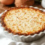 Tarte à la noix de coco sans croûte, dorée et fondante, servie en parts sur une assiette blanche, avec un soupçon de sucre glace en décoration.