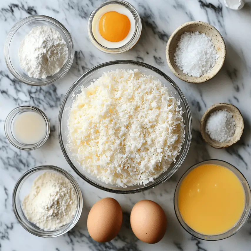 Tarte à la noix de coco sans croûte, dorée et fondante, servie en parts sur une assiette blanche, avec un soupçon de sucre glace en décoration.