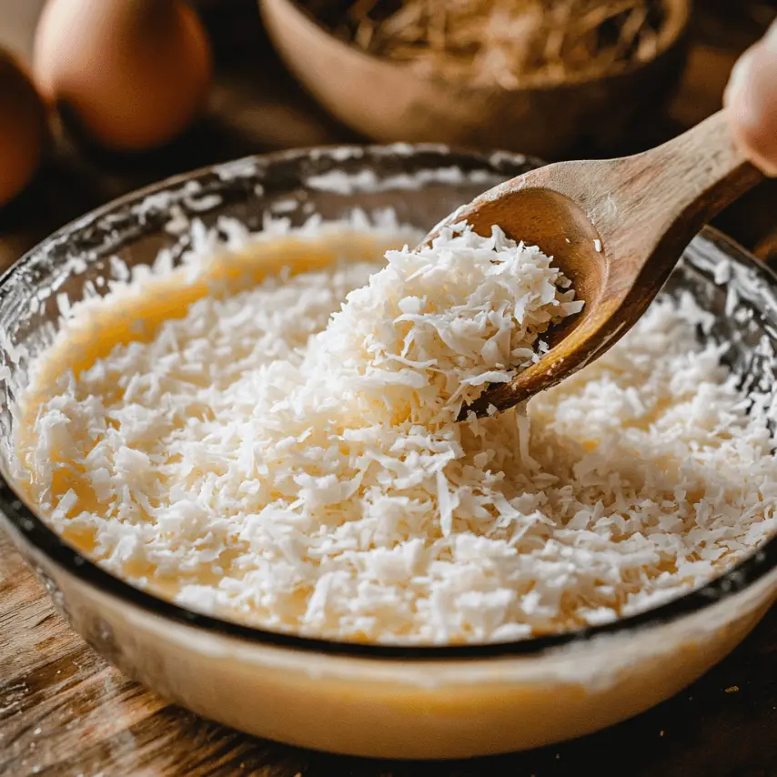 Tarte à la noix de coco sans croûte, dorée et fondante, servie en parts sur une assiette blanche, avec un soupçon de sucre glace en décoration.