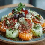 Salade Melon et Jambon de Boeuf Cru aux Deux Fromages délicieuse à découvrir !